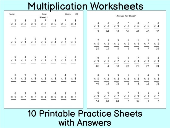 multiplication worksheet 10 practice sheets with answers etsy australia