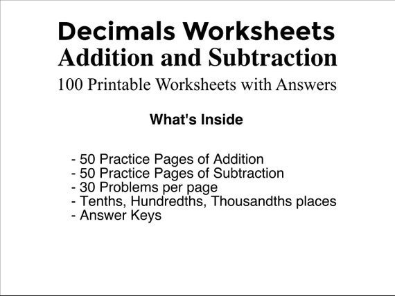 Decimals Worksheet. 100 Decimals Addition and Subtraction - Etsy