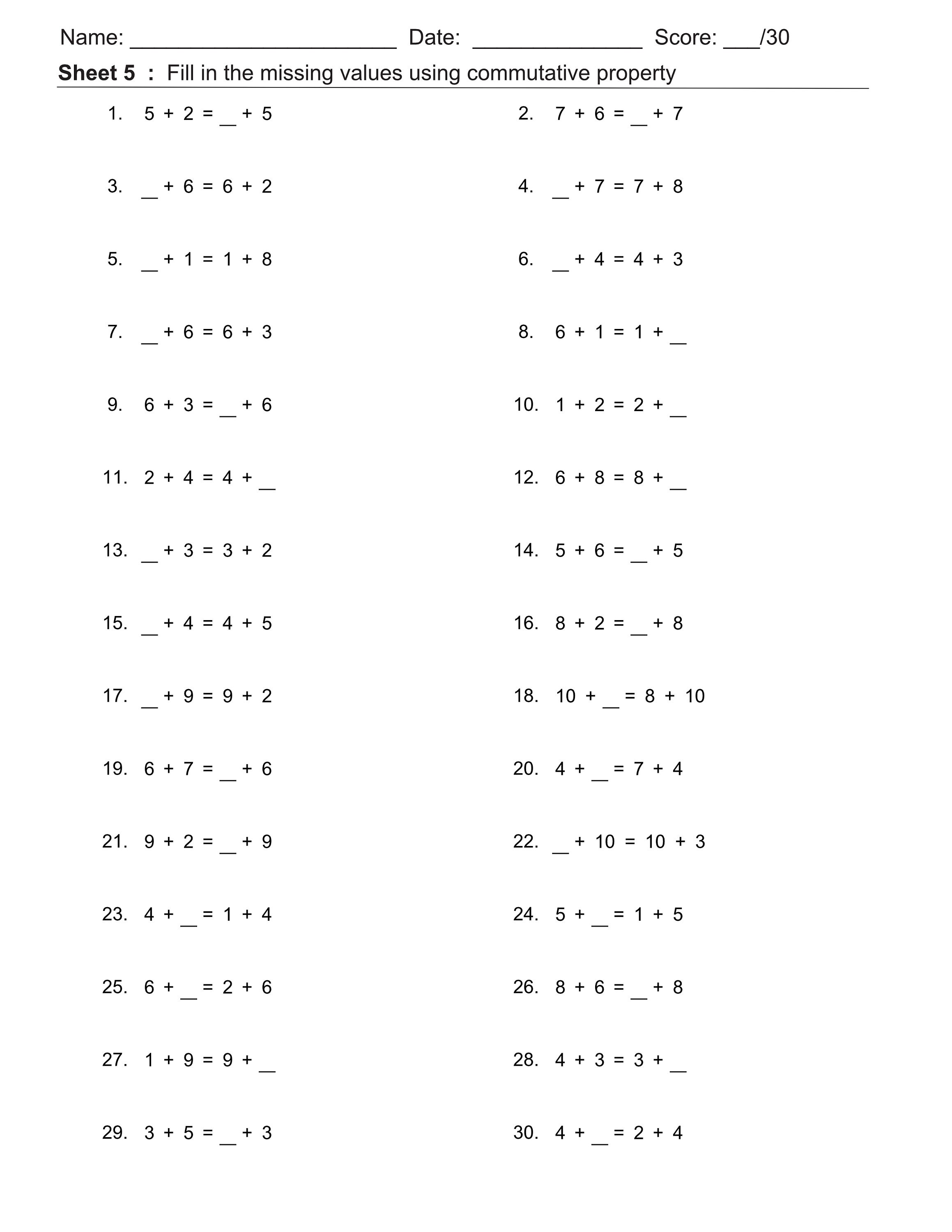 Commutative Property Of Addition Worksheets