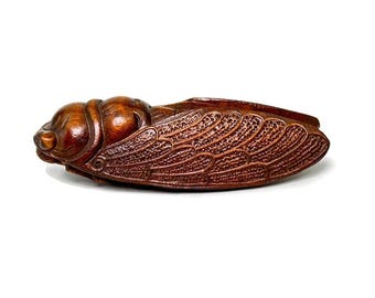 Boxwood Carved Cicada Sculpture Decor Collectible Netsuke,Woodcarving Collect,Animal Wooden Figure,Wood Statue
