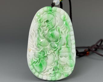 Natural Jadeite Dragon Pendant, Certified Type A Jade, Large Chinese Dragon Amulet, Hand Carved Green Jade Pendant, Feng Shui Jewelry