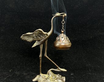 Metal Crane Incense Burner: Lotus Base Aromatherapy Decor