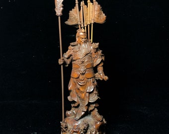 Large Classical Boxwood Carving Guan Yu Martial God Decorative Sculpture