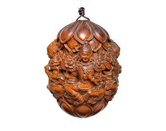 Carved Boxwood Green Tara Netsuke, Buddha Wood Sculpture