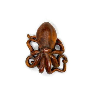 Buxusoctopussculptuur Netsuke, houten oceaandierstandbeeld, nautisch bureaubladdecor, zeeliefhebbers collectible