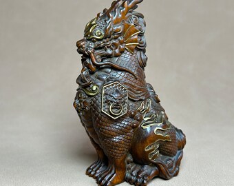 Top statue boxwood carving Kylin divine beast lacquer gold decorative sculpture