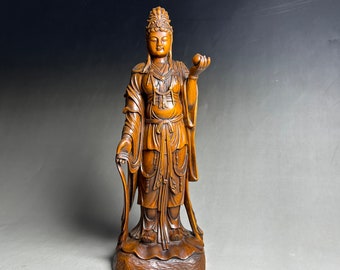 Wood Buddha Statue,Boxwood Carving Bodhisattva Sculpture,Home Decor,Mahāsthāmaprāpta