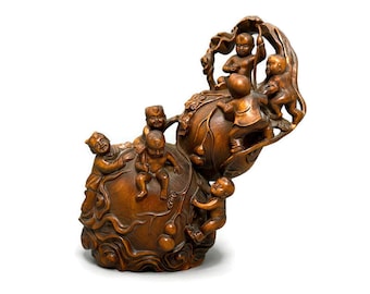 Traditional Chinese Wood Carving，Intricate Good Fortune & Blessing Statue for Display