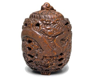 Wood Dragon Carving Box, Hollow Wooden Cage Decor, Spice Jar