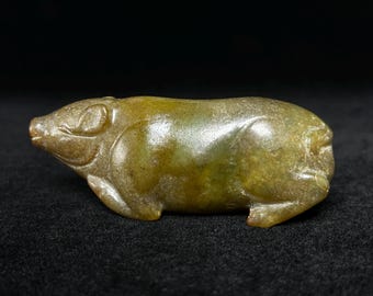 Vintage Jade Statue Hand-carved Pig Chinese Feng Shui Decor Sculpture