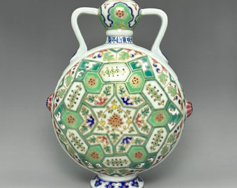 Vintage Porcelain Flat Vase: Colorful Geometric Decor