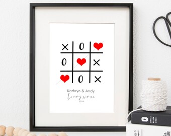 Personalisierte Paare Valentine's Print | A4 Romantische Paare Druck mit Tic Tac Toe Game Design | Ideal für Valentinstag und Jahrestage