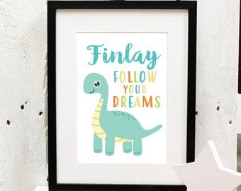 Follow Your Dreams Dinosaur Art Print | Dinosaur Nursery Print | Follow Your Dreams Motivational Framed Print | Nursery Wall Art Dinosaur