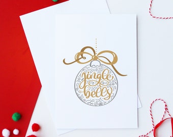 Jingle Bells Christmas Card | Gold and Silver Bell Christmas Card | Festive Greetings Card | Jingle Bells | Seasons Greetings | Holiday Card