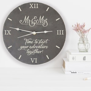 Engraved Slate Clock | Time to Start your Adventure Together Rustic Slate Clock | Perfect Wedding or Anniversary Gift | Rustic Kitchen Clock