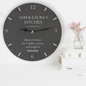 Personalised Family Slate Kitchen Clock | Custom Engraved Unique Wall Décor | Handcrafted Keepsake for a Kitchen | Engraved Slate Clock