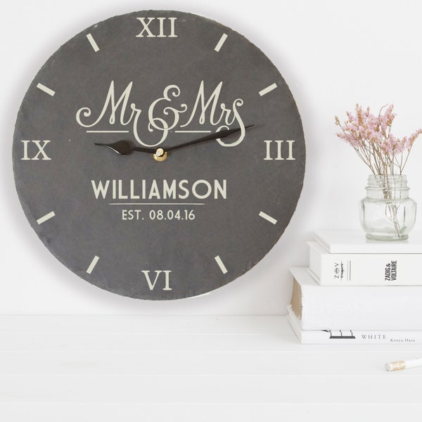 Personalised Slate Wedding Clock | Personalised Mr & Mrs Clock | Custom Unique Engraved Wall Clock | Rustic Wedding Anniversary Gift