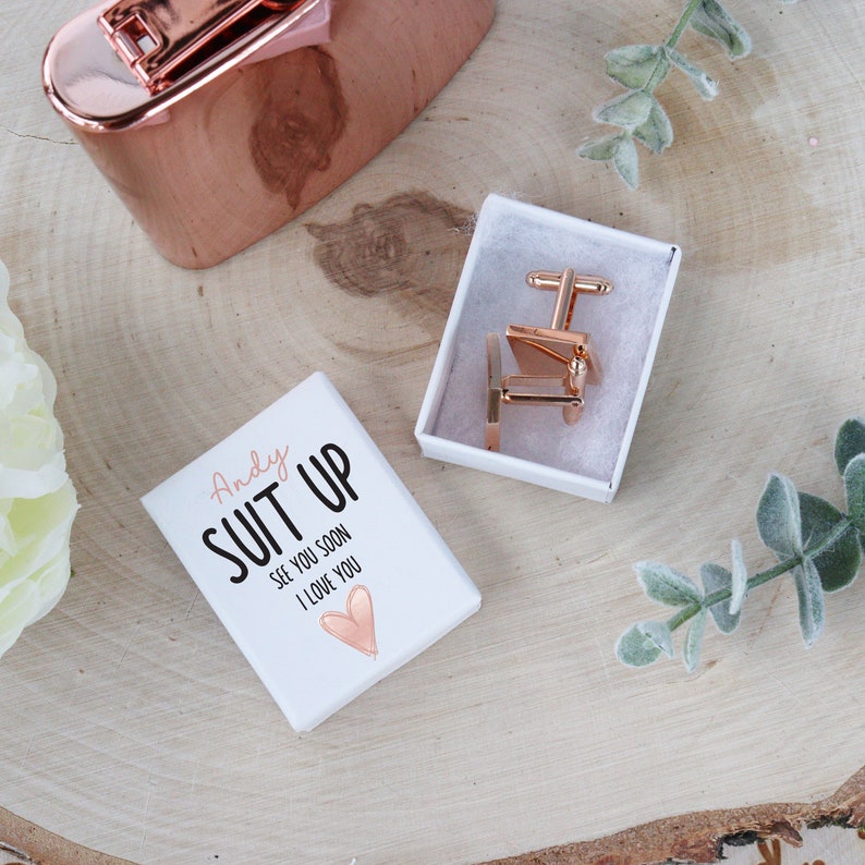 Printed Rose Gold Wedding Cufflinks with Special Message and Wedding Date with personalised gift box