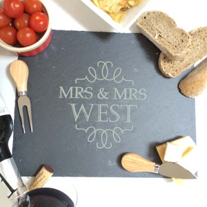 Mrs and Mrs Personalised Slate Cheeseboard | Engraved Slate Cheeseboard for Women Wedding Gift | Same-Sex Wedding Present | Anniversary Gift