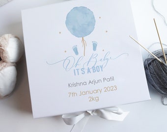 Luxury Baby Boy Keepsake Box | New Baby Boy Blue Printed Gift Box | Blue Footprint Baby Keepsake Box | Printed Baby Birth Details