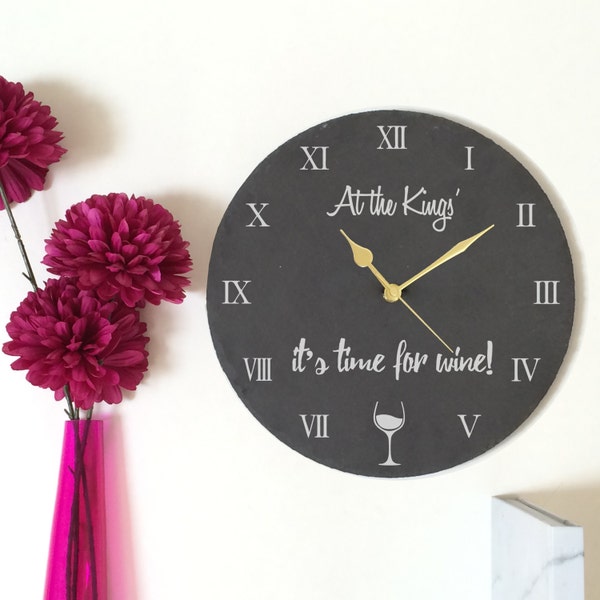 Time for Wine Clock | Personalised Engraved Slate Clock for Wine Lovers | Custom Wine Theme Family Wall Clock | Unique Wine Enthusiasts Gift