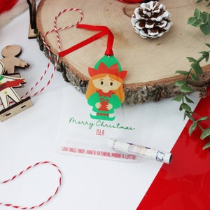 Gepersonaliseerde geldhouder elf | Geldhouder voor hangende kerstbal | Acryl geld portemonnee | Geldcadeau elfje | Kerstcadeau voor geld