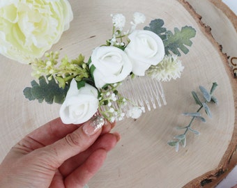 Cream And Sage Green Bridal Flower Comb | Bridal Hair Accessory | Floral Bridal Hair Piece | Cream Rose Sage Green Hair Pin | Bridal Comb