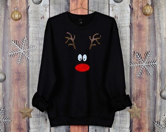 Reindeer Face Christmas Jumper Cosy Black Unisex Xmas Jumper with Quirky Reindeer Face Design Bestselling Christmas Jumper Day Ideas
