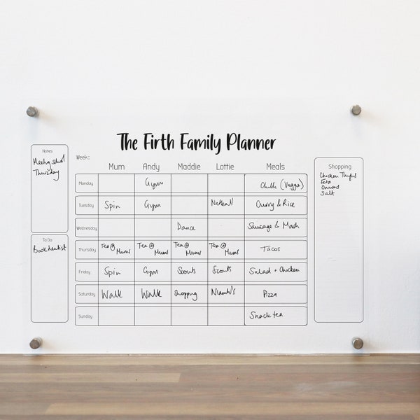 Family Wall Planner Simple Black | Personalised Family Organiser Dry Wipe | Family Calendar Personalised House Warming Gift | Weekly Planner