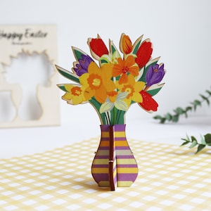 Cartão de Páscoa de madeira pop out com flores | Cartão de Páscoa personalizado com vaso pop out de flores da primavera | Cartão de flores de Páscoa 3D | Cartão de Páscoa 2025