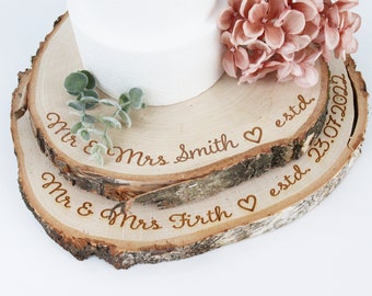 Personalised Natural Birch Log Cake Stand | Rustic Wooden Personalised Cake Stand | Log Slice Wedding Cake Plate | Natural Rustic Wood Stand
