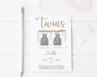 Twins Congratulations Card, Personalised Hand-Drawn Keepsake