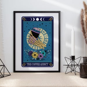 Stampa tipografica amante del caffè dei tarocchi / stampa dei tarocchi stravagante / regalo dei tarocchi / regalo amante del caffè / stile del tatuaggio / arte dello scheletro / carte dei tarocchi