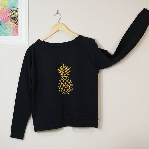 Sparkly Pineapple Sweatshirt | Sparkly Gold Pineapple Design on Soft Black Slouch Jumper | Women's Glittery Pineapple Sweater