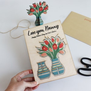 Pop-Out-Andenken Muttertagskarte aus Holz | Farbe bedrucktes Holz Blumenstrauß | Alternative Karte Andenken | Letterbox Blumen | Karte für Mama