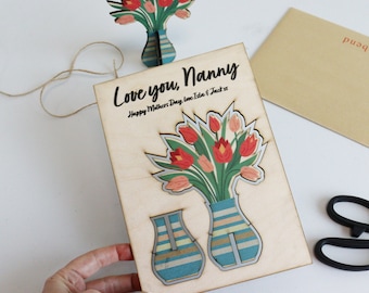 Pop-Out-Andenken Muttertagskarte aus Holz | Farbe bedrucktes Holz Blumenstrauß | Alternative Karte Andenken | Letterbox Blumen | Karte für Mama