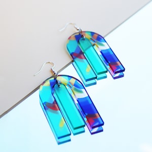 Printed Modern Acrylic Earrings | Bright Bold Coloured Printed Acrylic Dangly Earrings | Abstract Design Colourful Earing Set | Statement