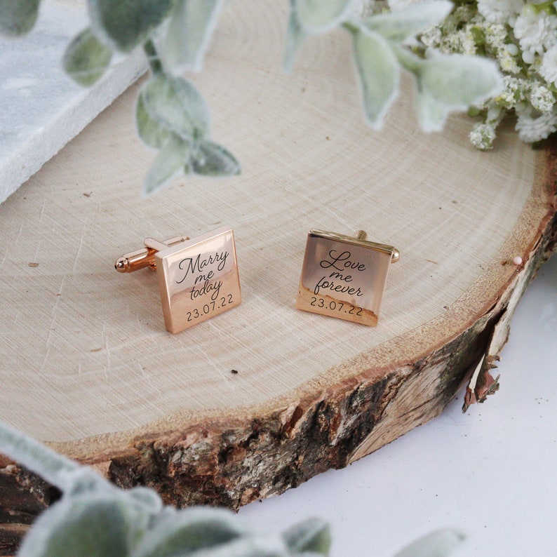 Printed Rose Gold Wedding Cufflinks with Special Message and Wedding Date