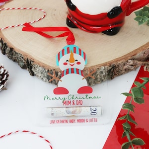Gepersonaliseerde sneeuwpop geldhouder | Geldhouder voor hangende kerstbal | Acryl geld portemonnee | Sneeuwpop cadeau geld | Kerstcadeau voor geld