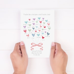 Carte de remerciement personnalisée de coeurs de professeur | Cadeau de professeur de remerciement | Cadeau de fin de mandat | Cadeau de classe de professeur | Noms des élèves sur une carte