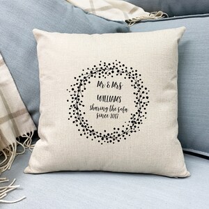 Personalised Mr & Mrs Cushion | Mr and Mrs Anniversary Cushion Wreath Design | Unique Present for Husband and Wife | Couples Cushion