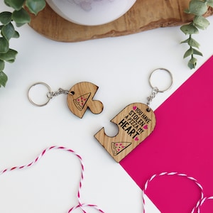 Stole A Pizza My Heart Key Ring Set | Pizza Loving Couples Gift | Valentine&#39;s Keyring Set | Jigsaw Heart Keyring | Interlocking Keyring Set