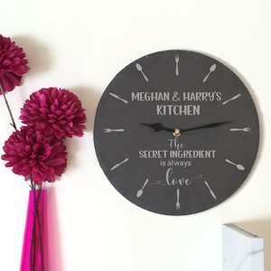 Personalised Couples Slate Kitchen Clock | Engraved Natural Slate Clock for Anniversary or Wedding | The Secret Ingredient is Always Love