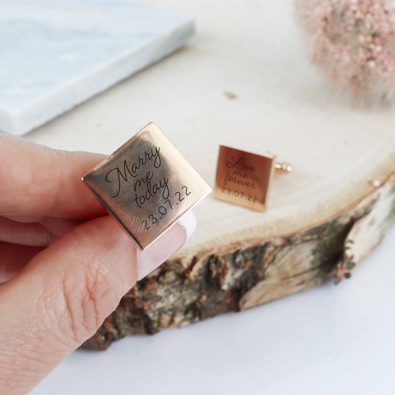 Printed Rose Gold Wedding Cufflinks with Special Message and Wedding Date