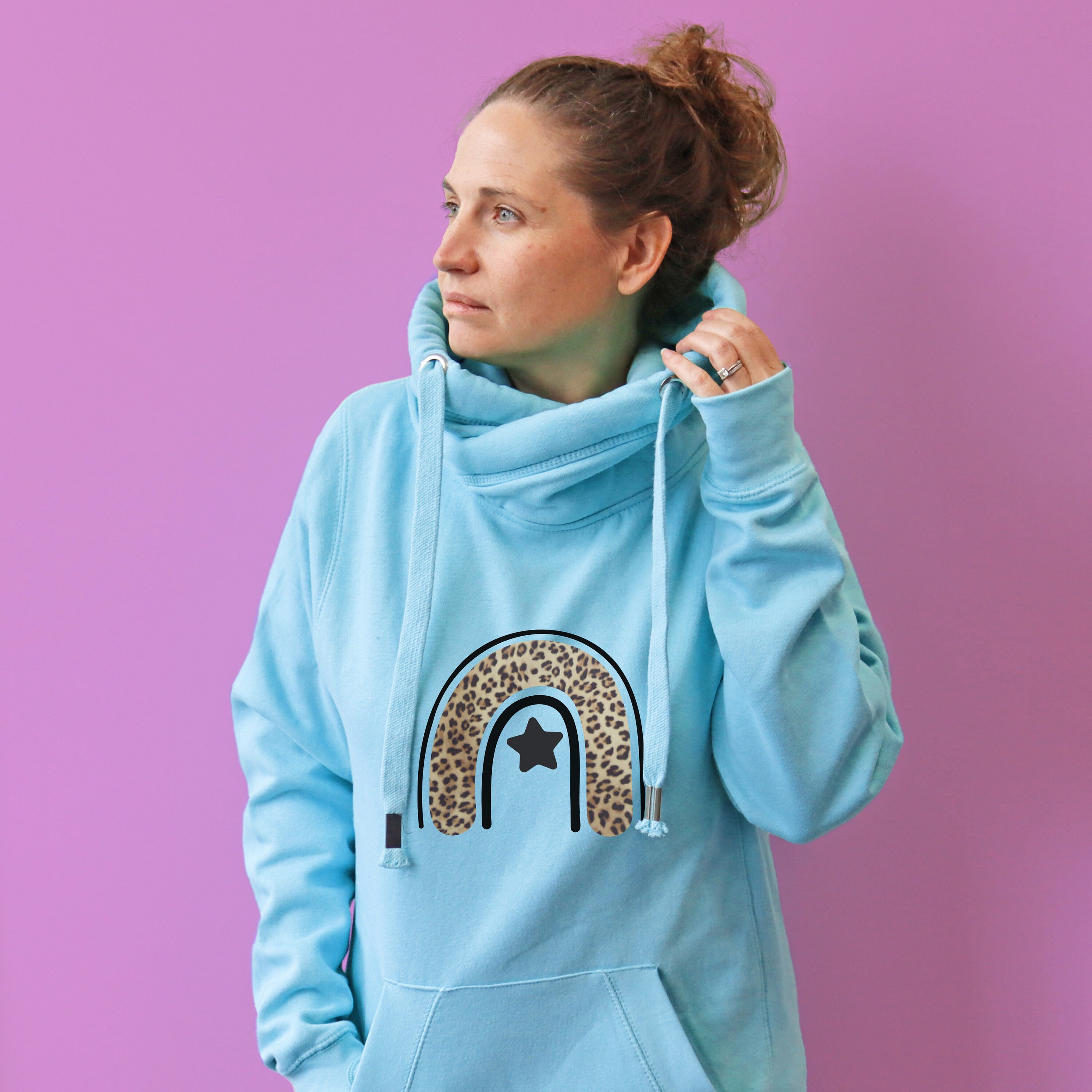 Cowl Neck Luxe Baby Blue Hoodie | Snuggly Blue Hoodie | Cowl Neck Chunky Hoodie | Tired Weekend Loungewear Hoodie | Leopard Print Design