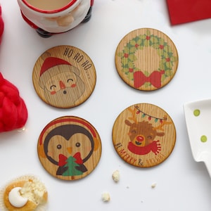 Christmas Character Wooden Coasters | Wooden Printed Colour Christmas Coasters | Set of 4 Christmas Coasters | Round Wooden Drinks Mat