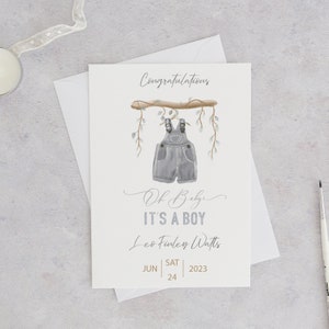 Nieuwe babyjongen gepersonaliseerde kaart | Gepersonaliseerde felicitatiekaart voor een nieuwe babyjongen| Unieke en doordachte herinneringskaart nieuwe ouders