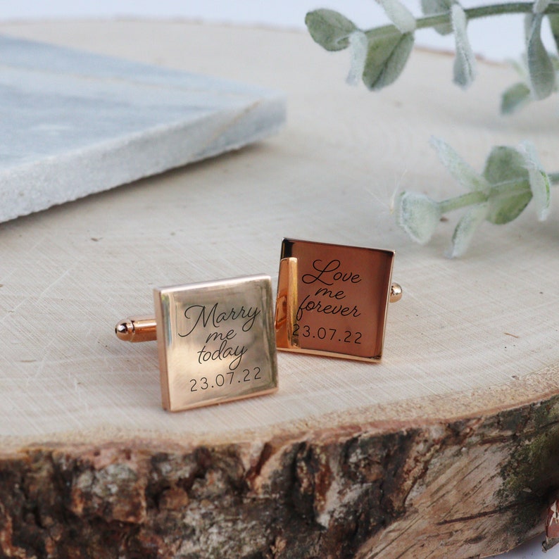 Printed Rose Gold Wedding Cufflinks with Special Message and Wedding Date