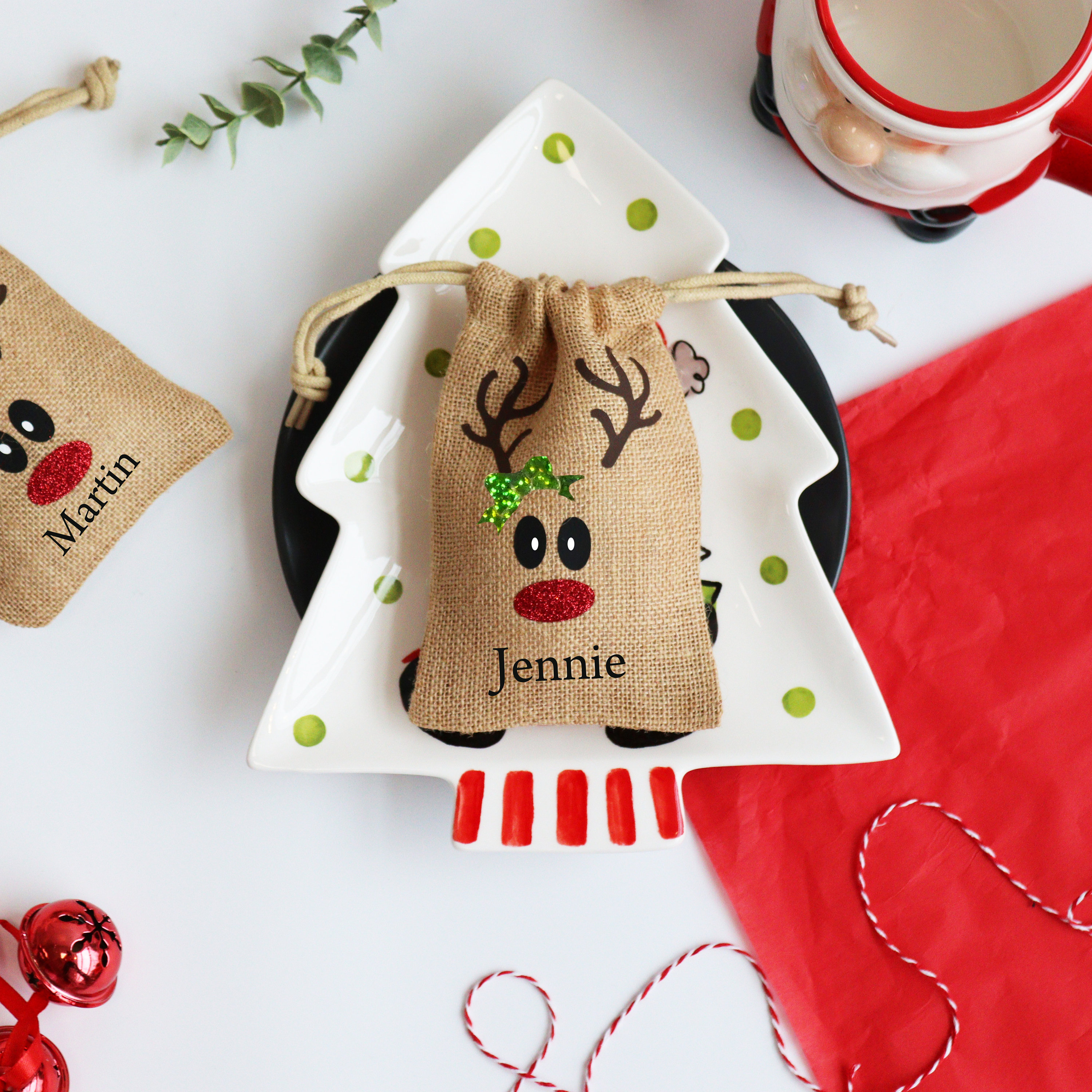 Personalised Christmas Place Settings Jute Bags Reindeer Christmas Quirky Jute and Name Etsy Mini Décor Dinner - Reindeer Face Custom With