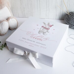 Personalised New Baby Girl Gift Box | New Baby Girl Pink Printed Gift Box | Pink Bunny Baby Keepsake Box | Printed Baby Details